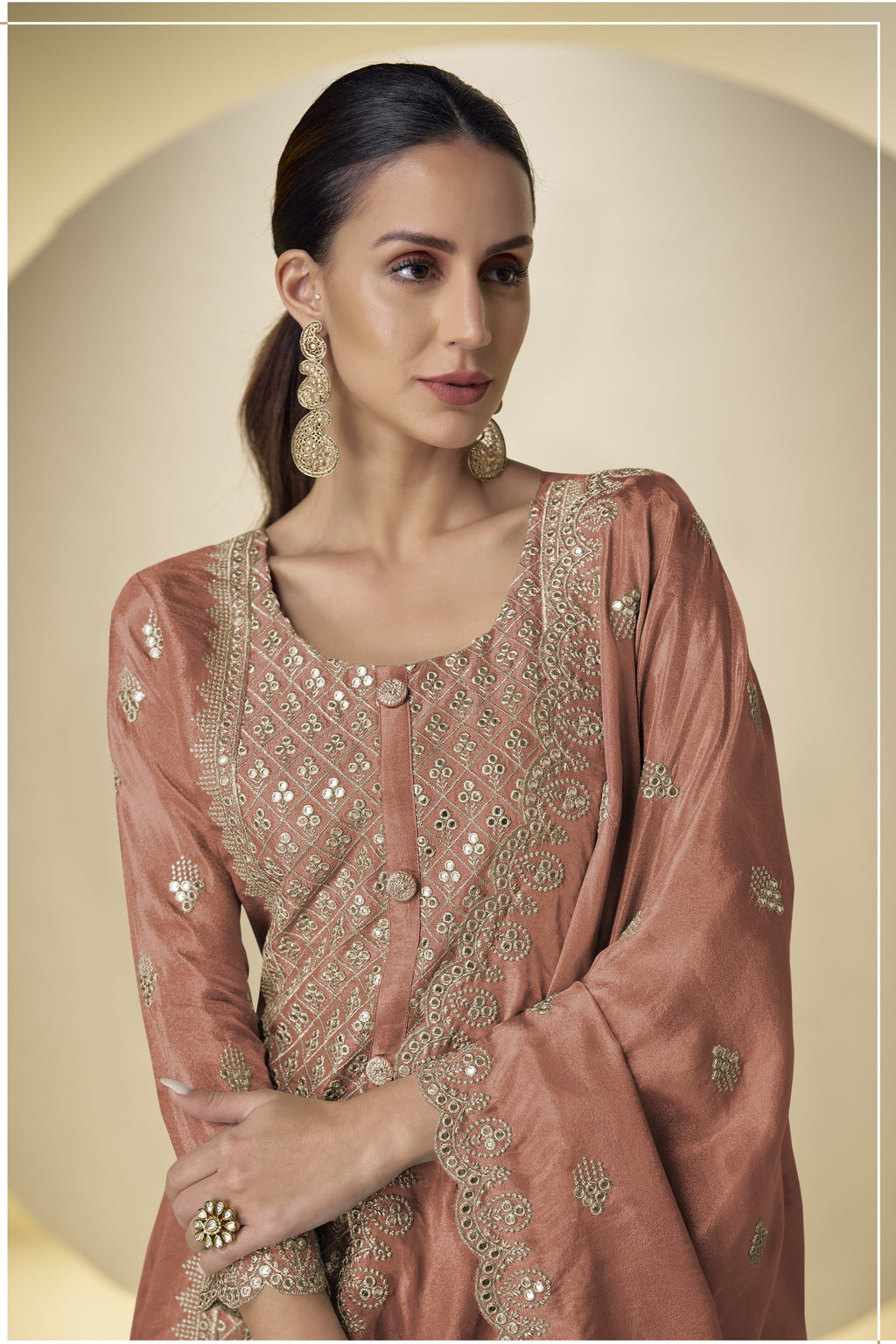 Mustard Simmer Silk Embroidery Work Long Kameez with Plazo