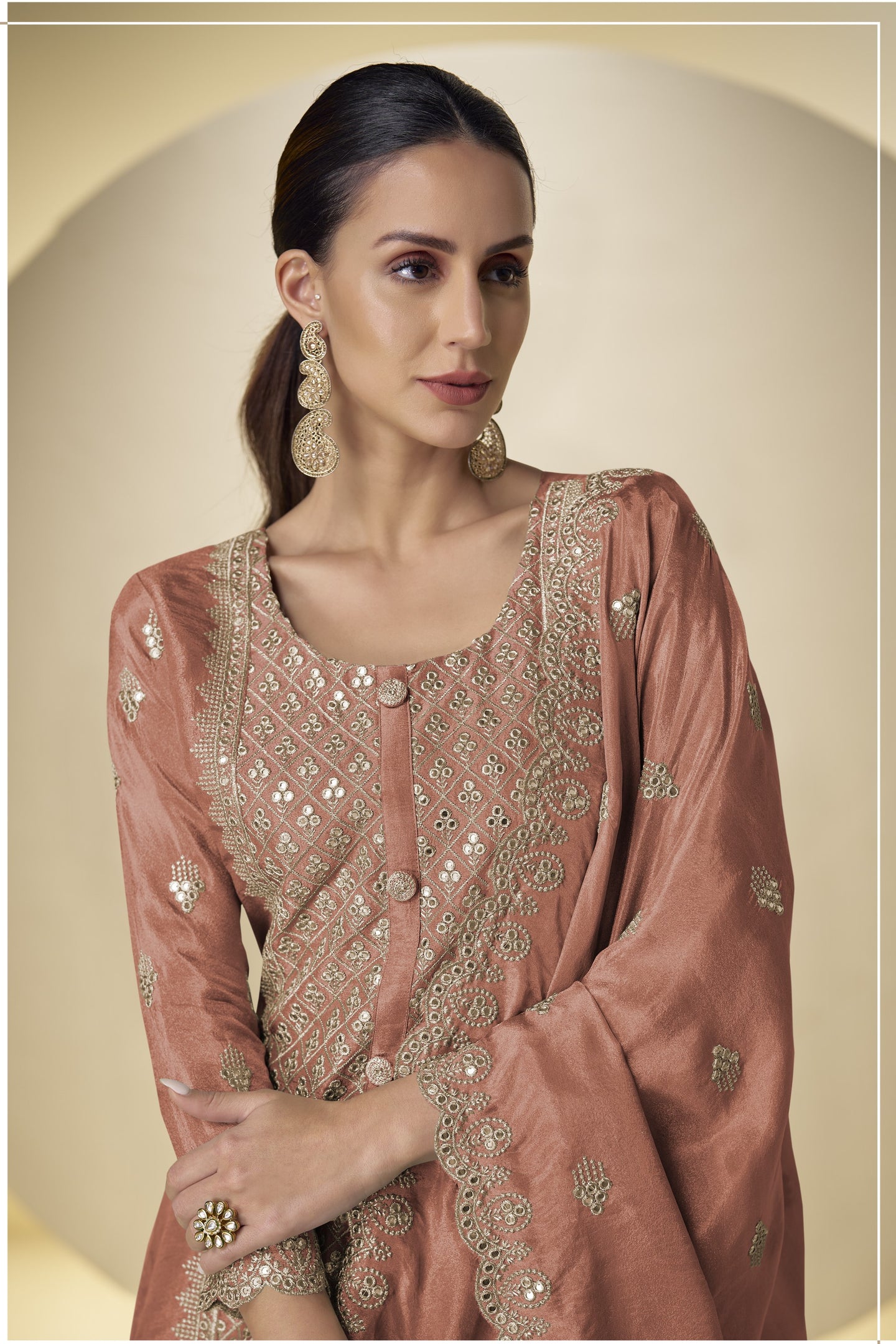 Mustard Simmer Silk Embroidery Work Long Kameez with Plazo