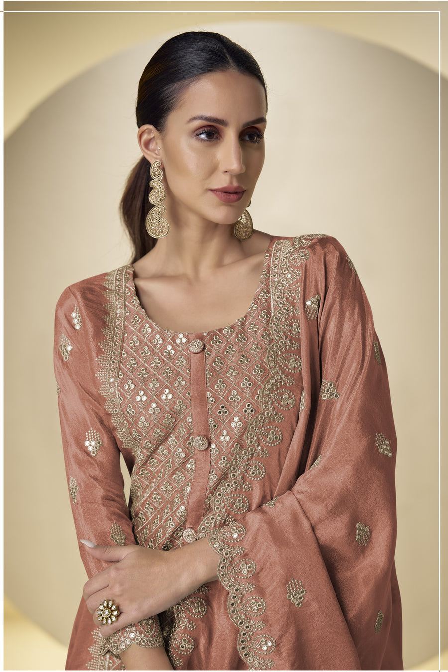 Mustard Simmer Silk Embroidery Work Long Kameez with Plazo
