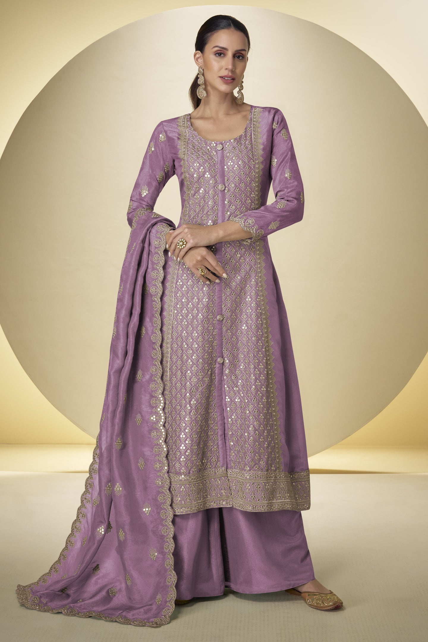 Purple Simmer Silk Embroidery Long Kameez with Plazo