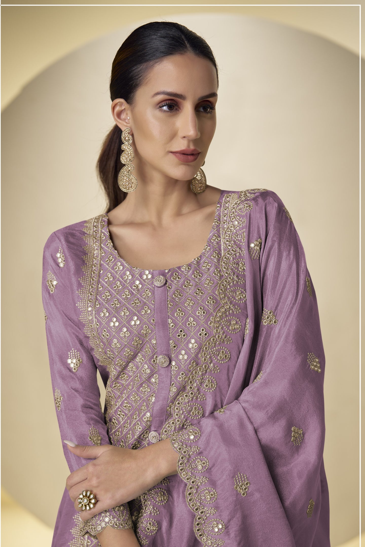 Purple Simmer Silk Embroidery Long Kameez with Plazo