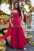 Magenta Georgette Sharara Suit with Sleeveless Spaghetti Straps Kameez