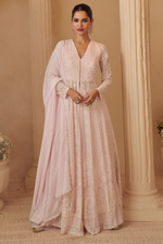 Light Pink Georgette Anarkali Suit with Plazo - Lucknowi Chikankari Work