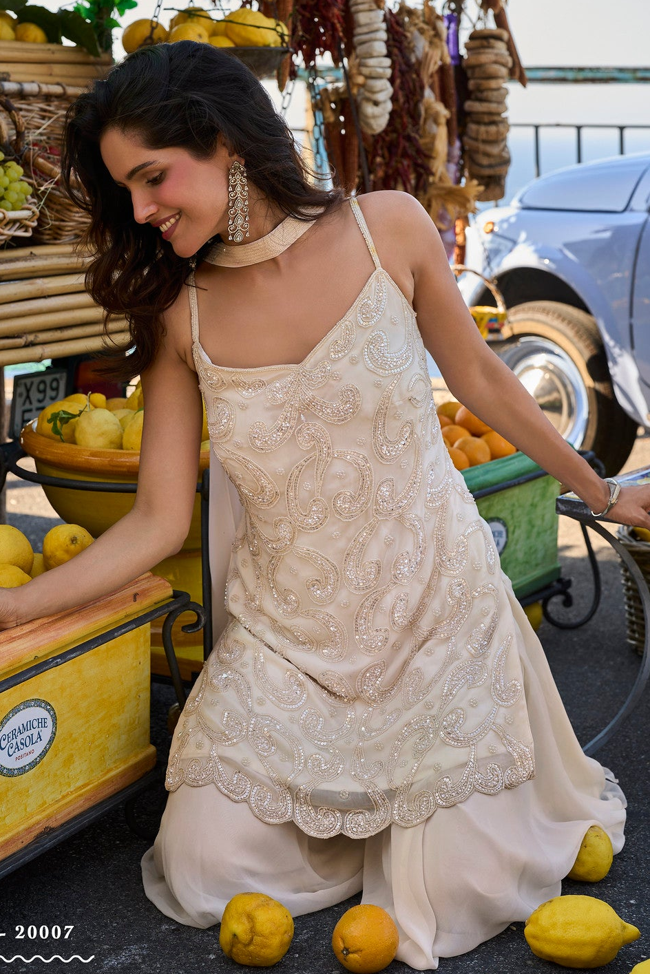 Cream Georgette Plazo Suit with Bead & Embroidery Work