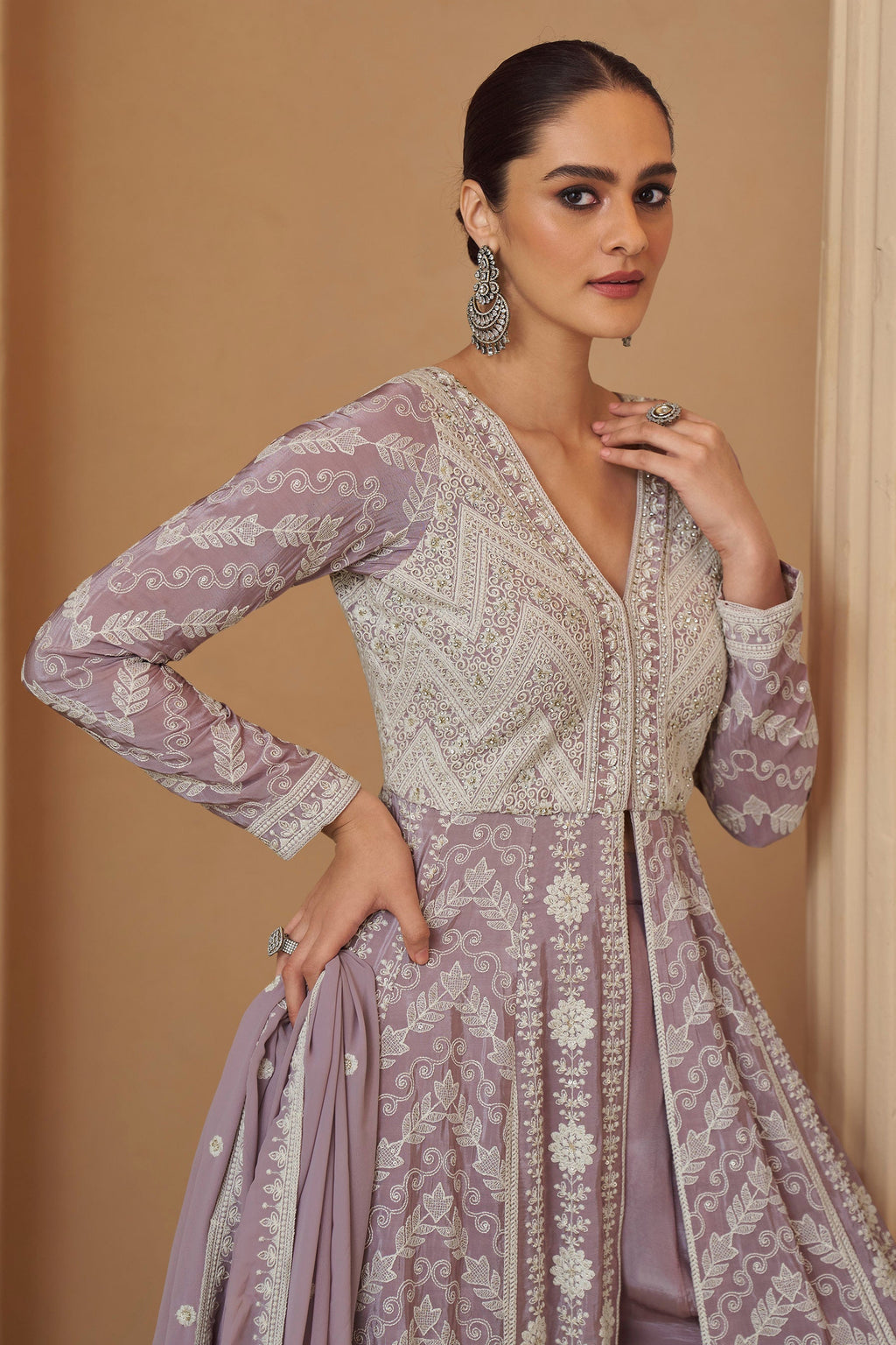 Lavender anarkali half view photo with women holding dupatta