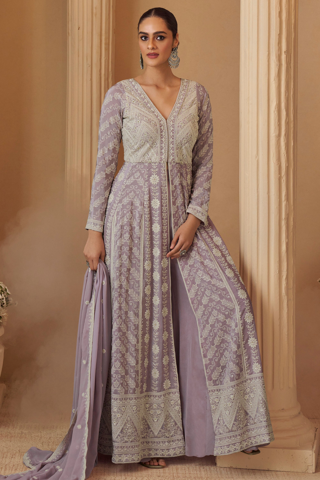 women standing with dupatta in Lavender anarkali