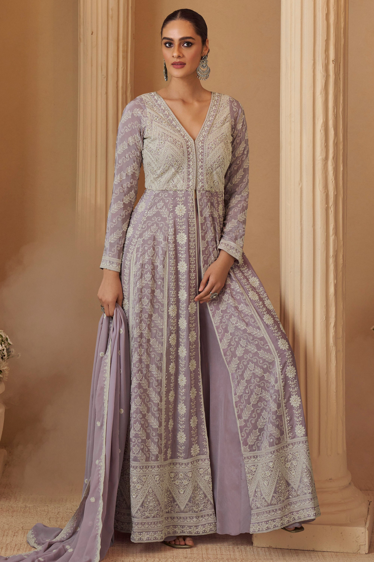 women standing with dupatta in Lavender anarkali