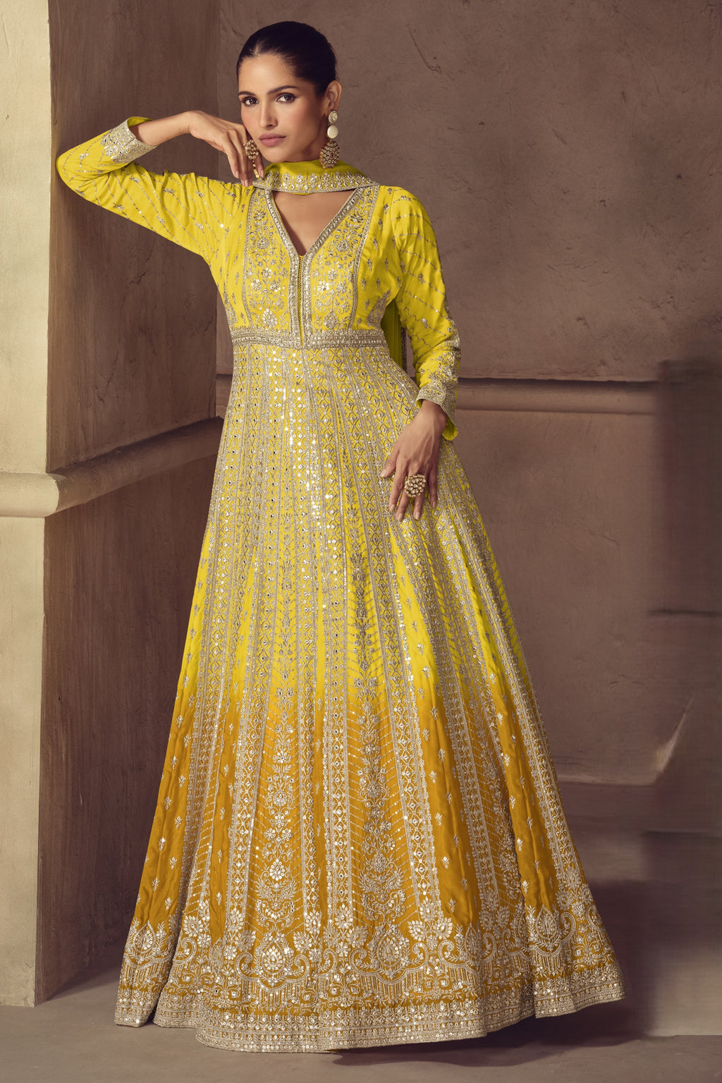 Yellow anarkali for haldi with thread and sequins work, V neckline, full front view