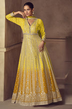 Yellow anarkali for haldi with thread and sequins work, V neckline, full front view
