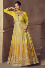 Yellow Anarkali for Haldi with Thread & Sequins Work - V Neckline