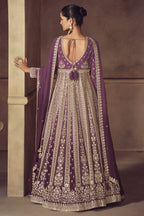Back view of purple anarkali gown with embroidered churidar and dupatta