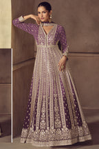 Purple anarkali dress closeup showing bodice embroidery detail