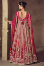 Back view of pinkish red anarkali suits with embroidered churidar and dupatta
