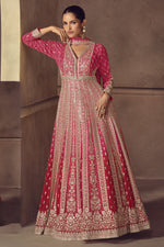 Pinkish Red V Neckline Anarkali Dress with Thread & Sequins Embroidery