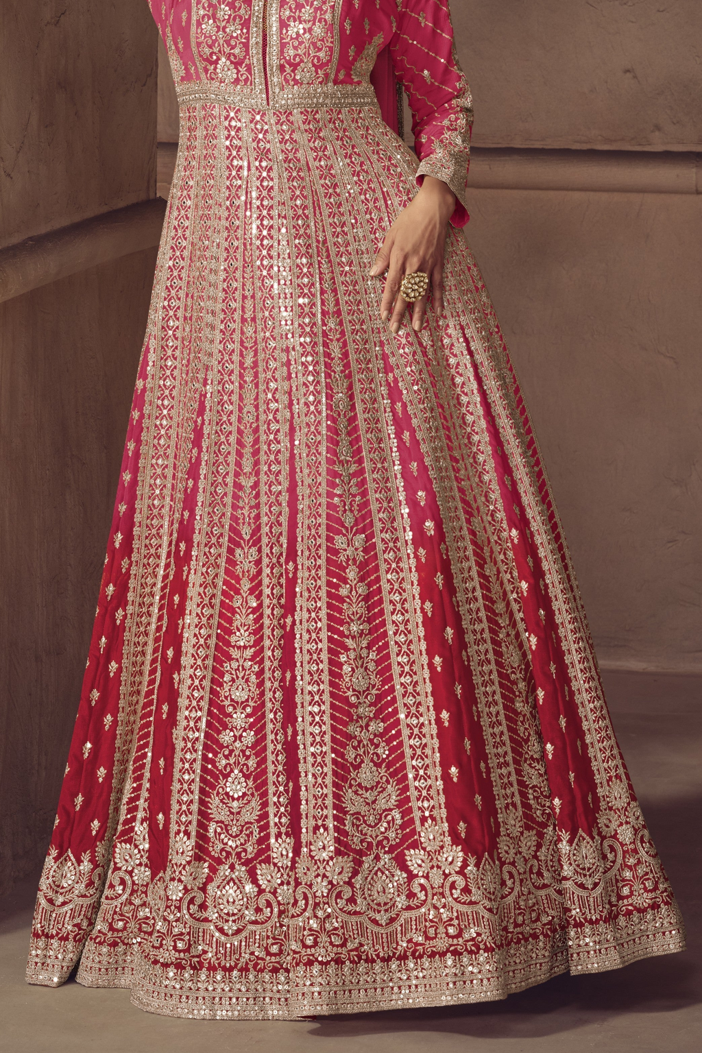 Pinkish red anarkali dress with thread and sequins embroidery, V neckline, chest front view