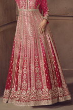 Pinkish red anarkali dress with thread and sequins embroidery, V neckline, chest front view