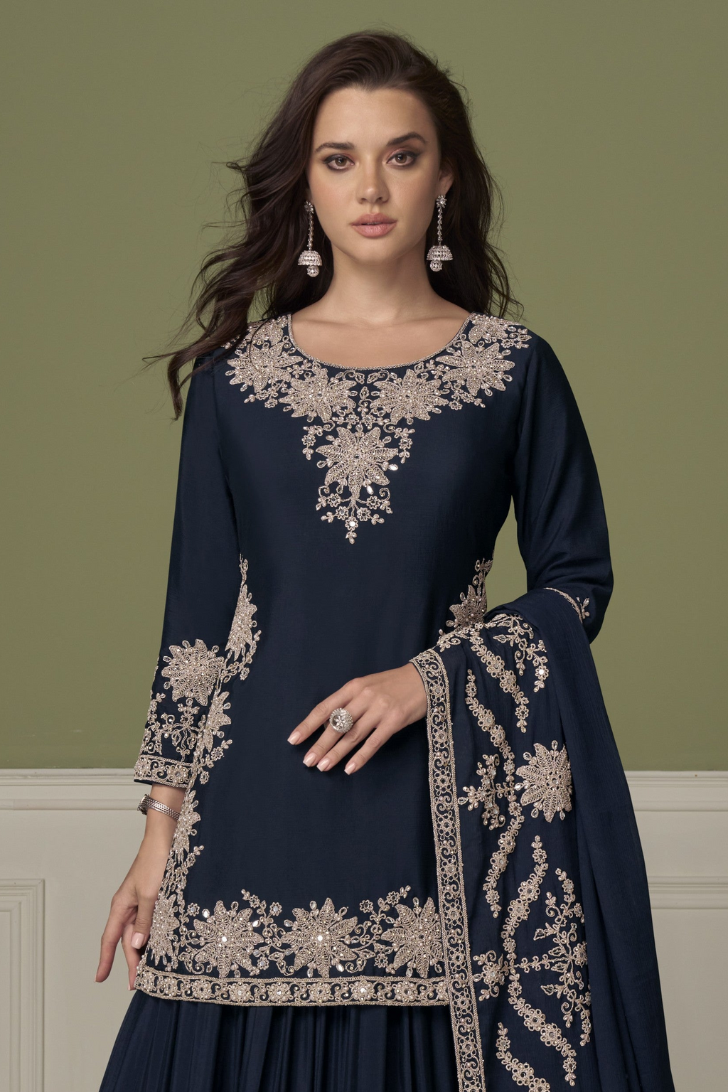 Navy blue kurta with skirt, face-to-waist view showing hand work embroidery on chinon silk.