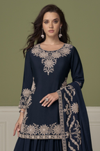 Navy blue kurta with skirt, face-to-waist view showing hand work embroidery on chinon silk.