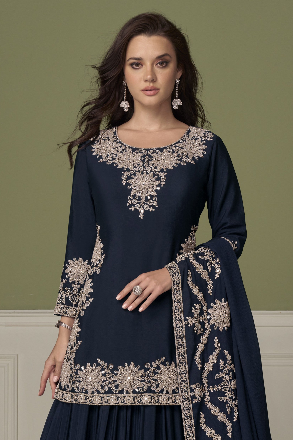 Navy blue kurta with skirt, face-to-waist view showing hand work embroidery on chinon silk.