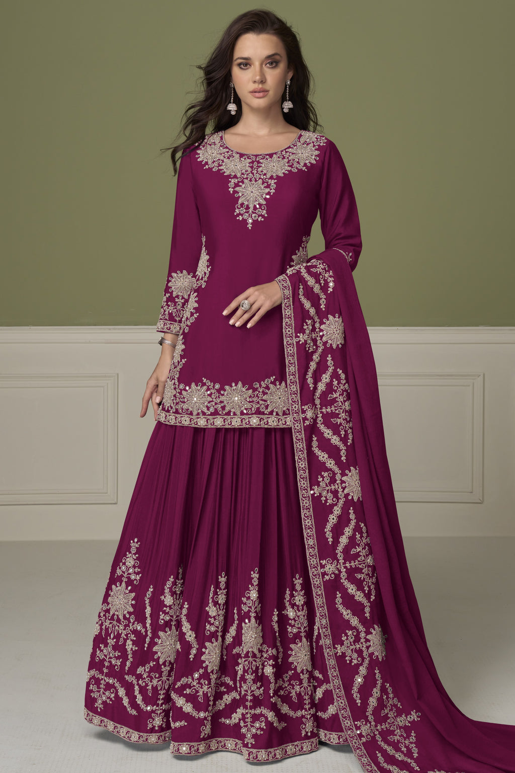 Burgundy indian kurta for women, full front view on model, chinon silk kurta with skirt and hand embroidery.