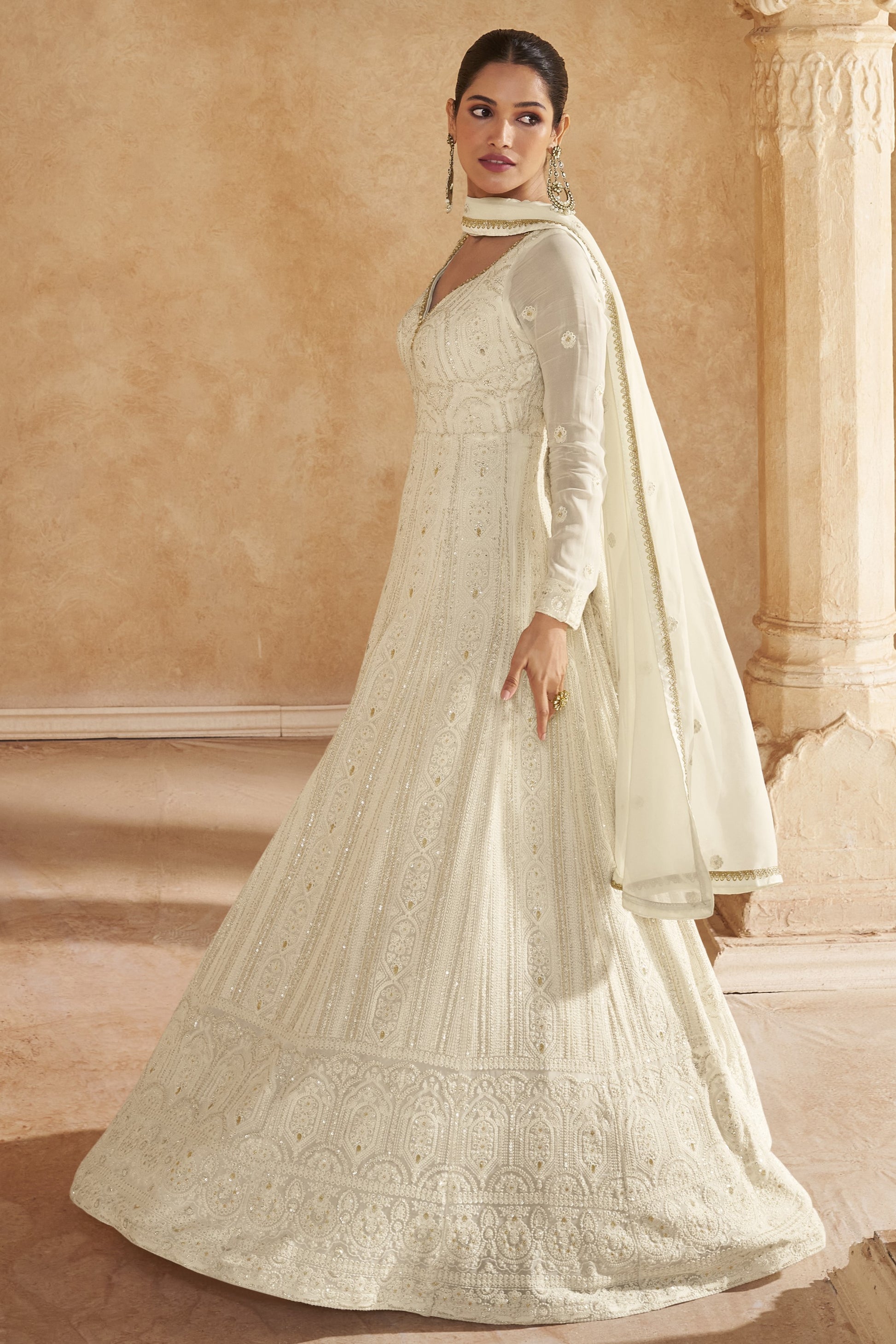 White Georgette Floor Full Length Anarkali Gown Suit For Indian Festivals & Pakistani Weddings - Embroidery Work