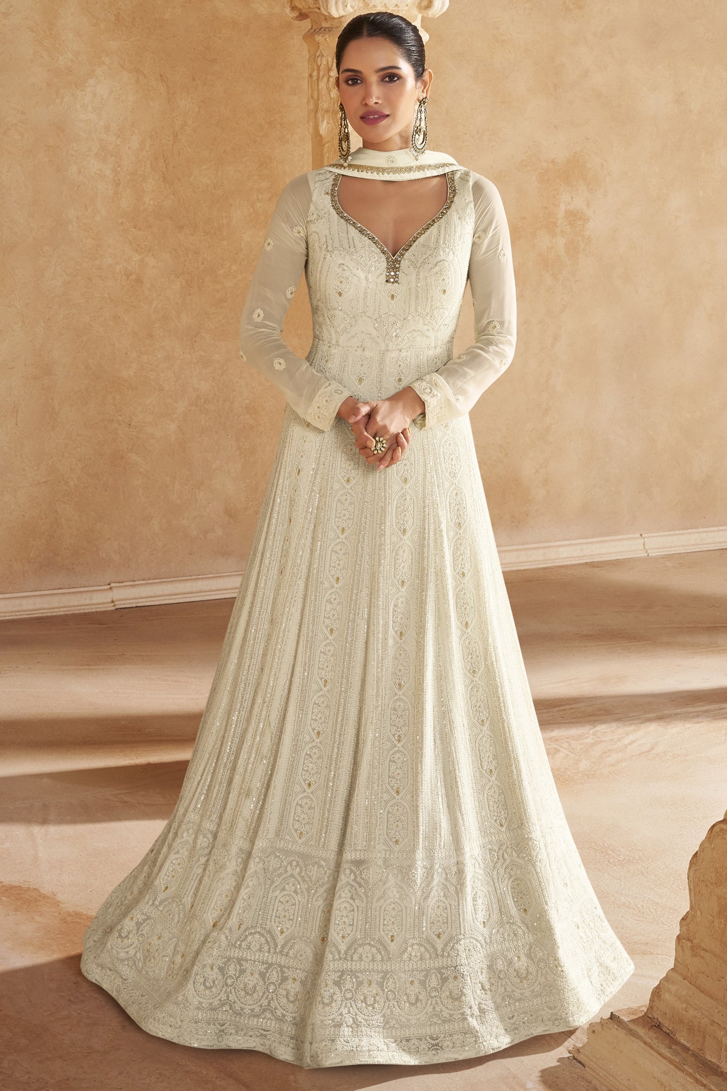 White Georgette Floor Full Length Anarkali Gown Suit For Indian Festivals & Pakistani Weddings - Embroidery Work