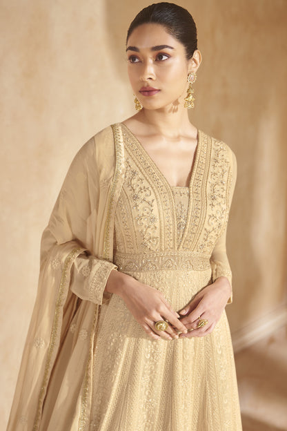 Beige Georgette Floor Full Length Anarkali Gown Suit For Indian Festivals & Pakistani Weddings - Embroidery Work