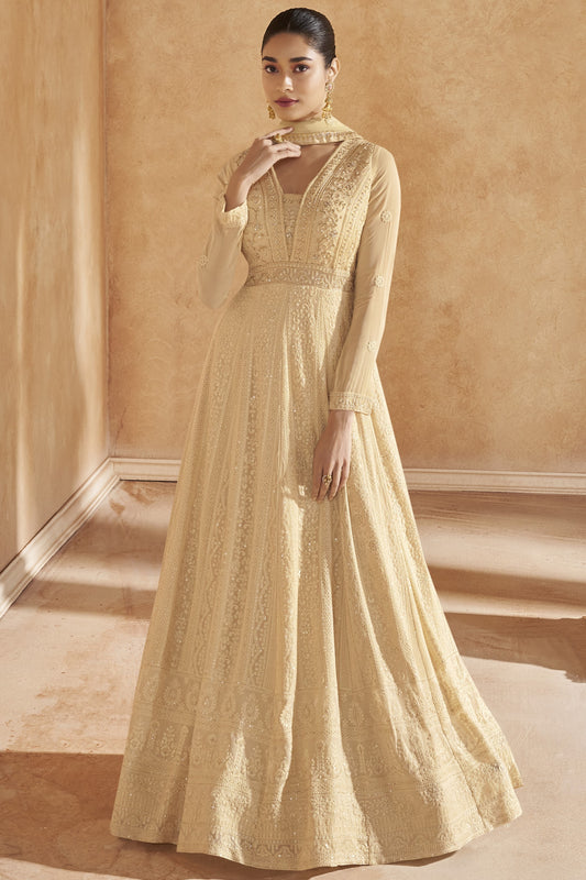 Beige Georgette Floor Full Length Anarkali Gown Suit For Indian Festivals & Pakistani Weddings - Embroidery Work