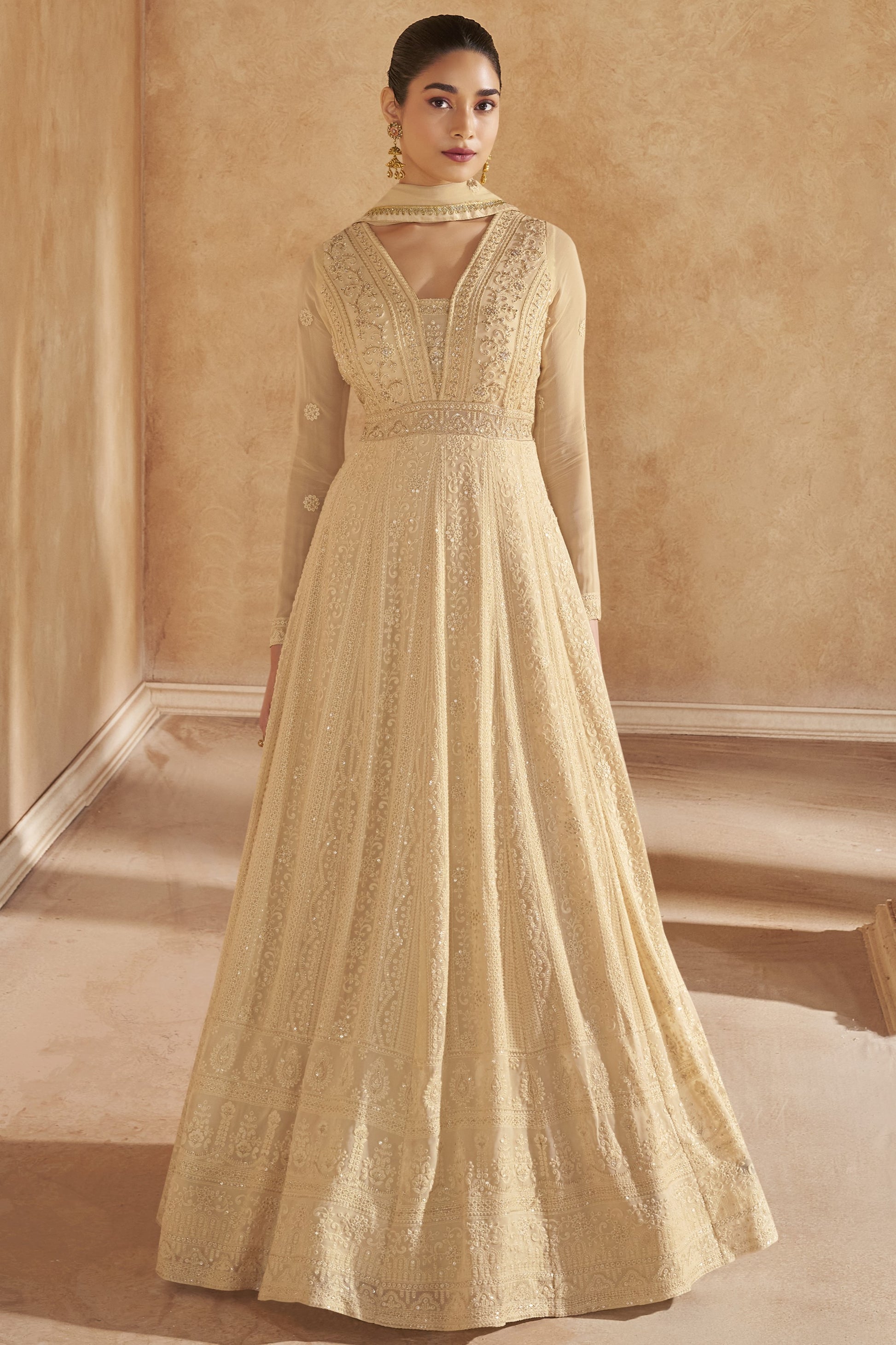 Beige Georgette Floor Full Length Anarkali Gown Suit For Indian Festivals & Pakistani Weddings - Embroidery Work