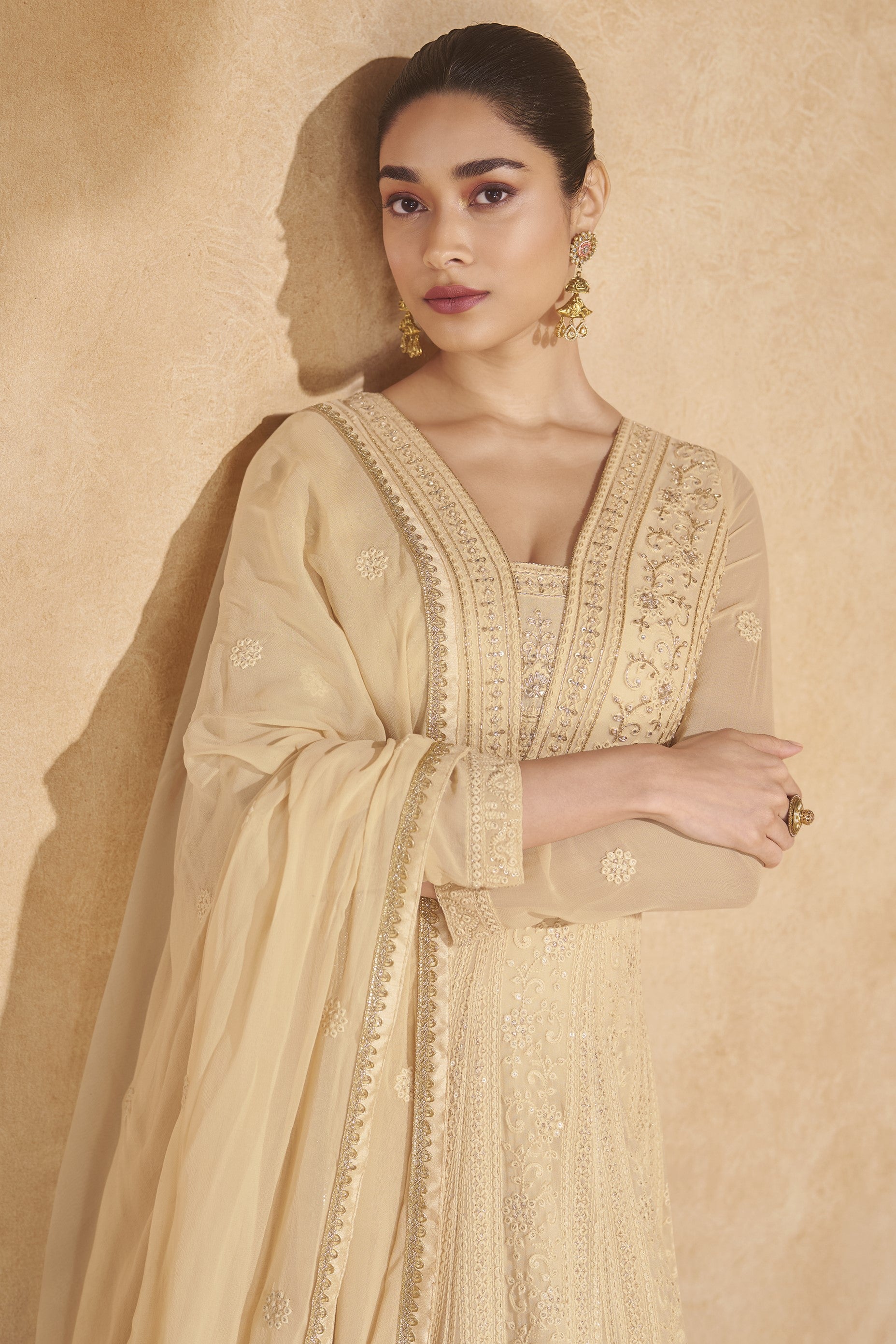 Beige Georgette Floor Full Length Anarkali Gown Suit For Indian Festivals & Pakistani Weddings - Embroidery Work