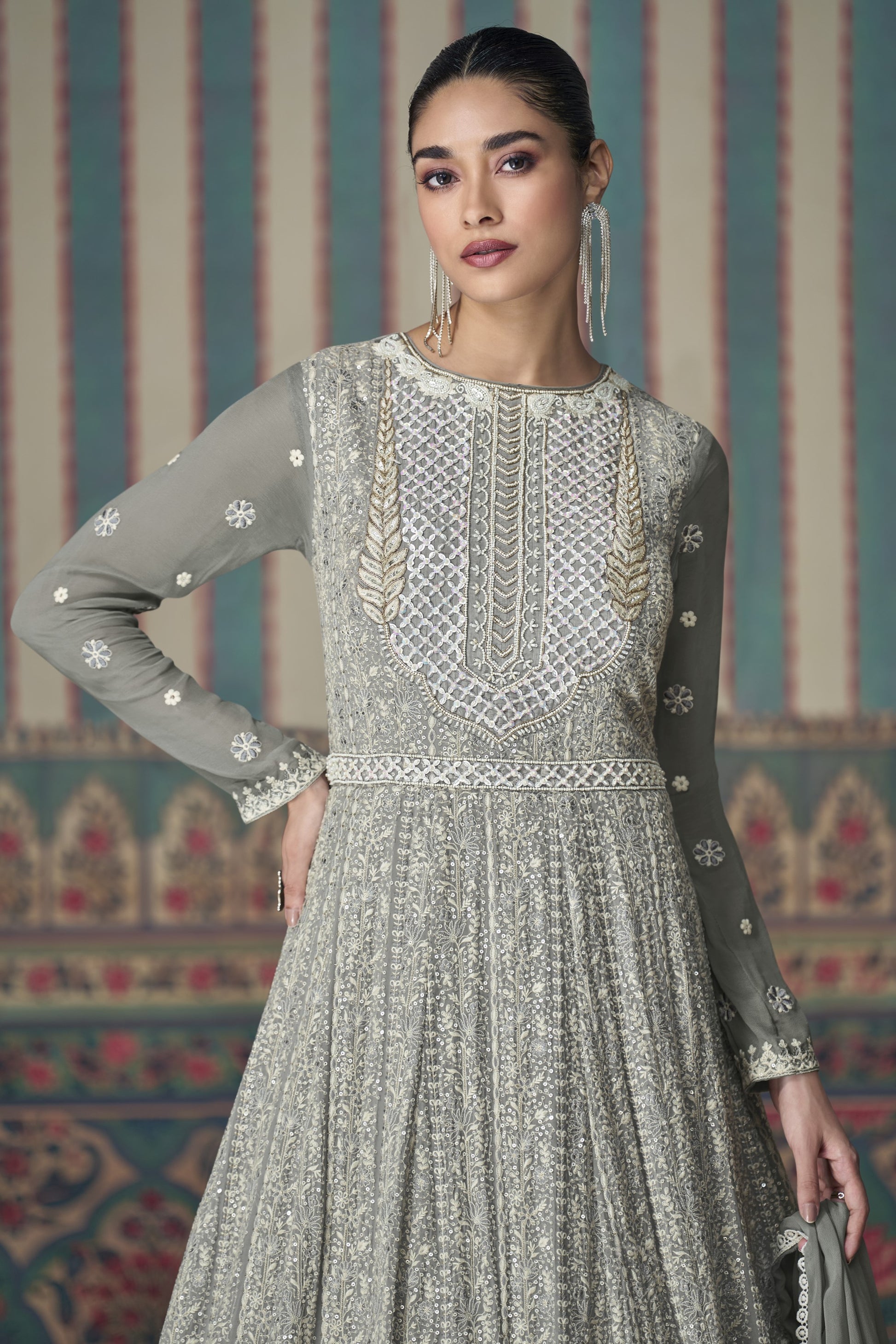 Gray Georgette Floor Full Length Anarkali Gown Suit For Indian Festivals & Pakistani Weddings - Embroidery Work