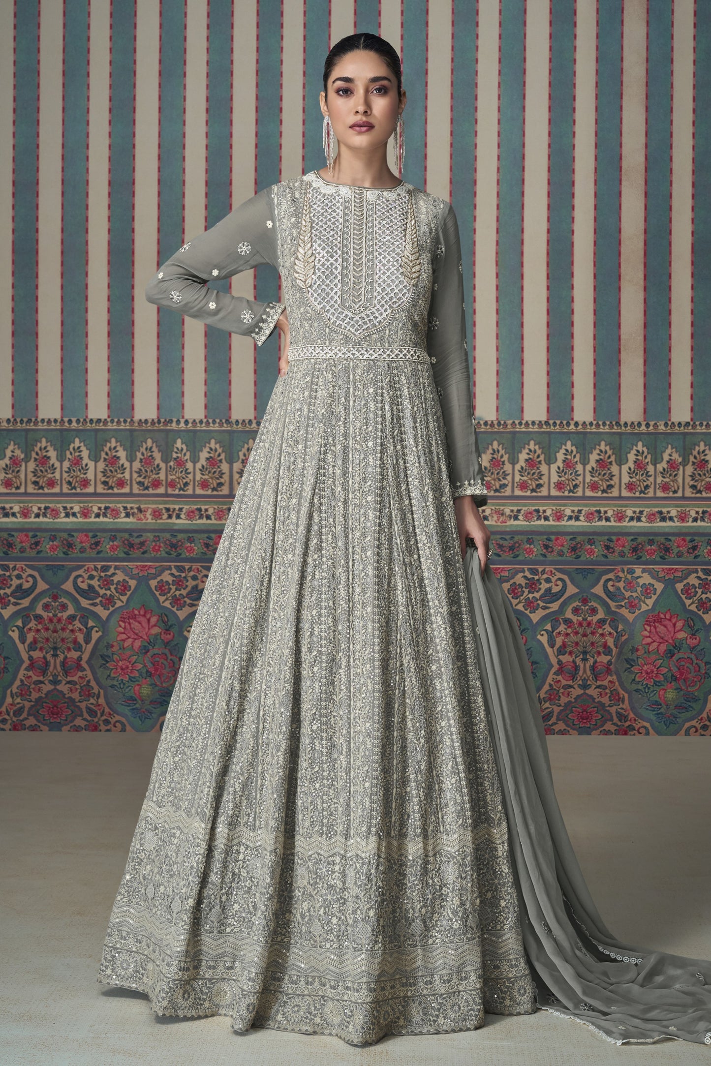 Gray Georgette Floor Full Length Anarkali Gown Suit For Indian Festivals & Pakistani Weddings - Embroidery Work