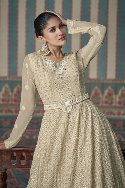 Beige Georgette Floor Full Length Anarkali Gown Suit For Indian Festivals & Pakistani Weddings - Embroidery Work