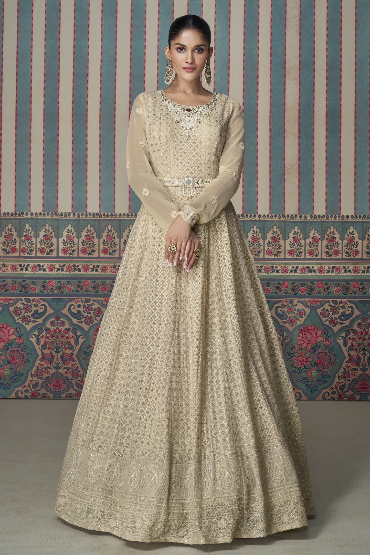 Beige Georgette Floor Full Length Anarkali Gown Suit For Indian Festivals & Pakistani Weddings - Embroidery Work