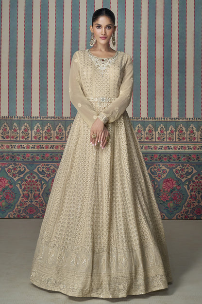 Beige Georgette Floor Full Length Anarkali Gown Suit For Indian Festivals & Pakistani Weddings - Embroidery Work