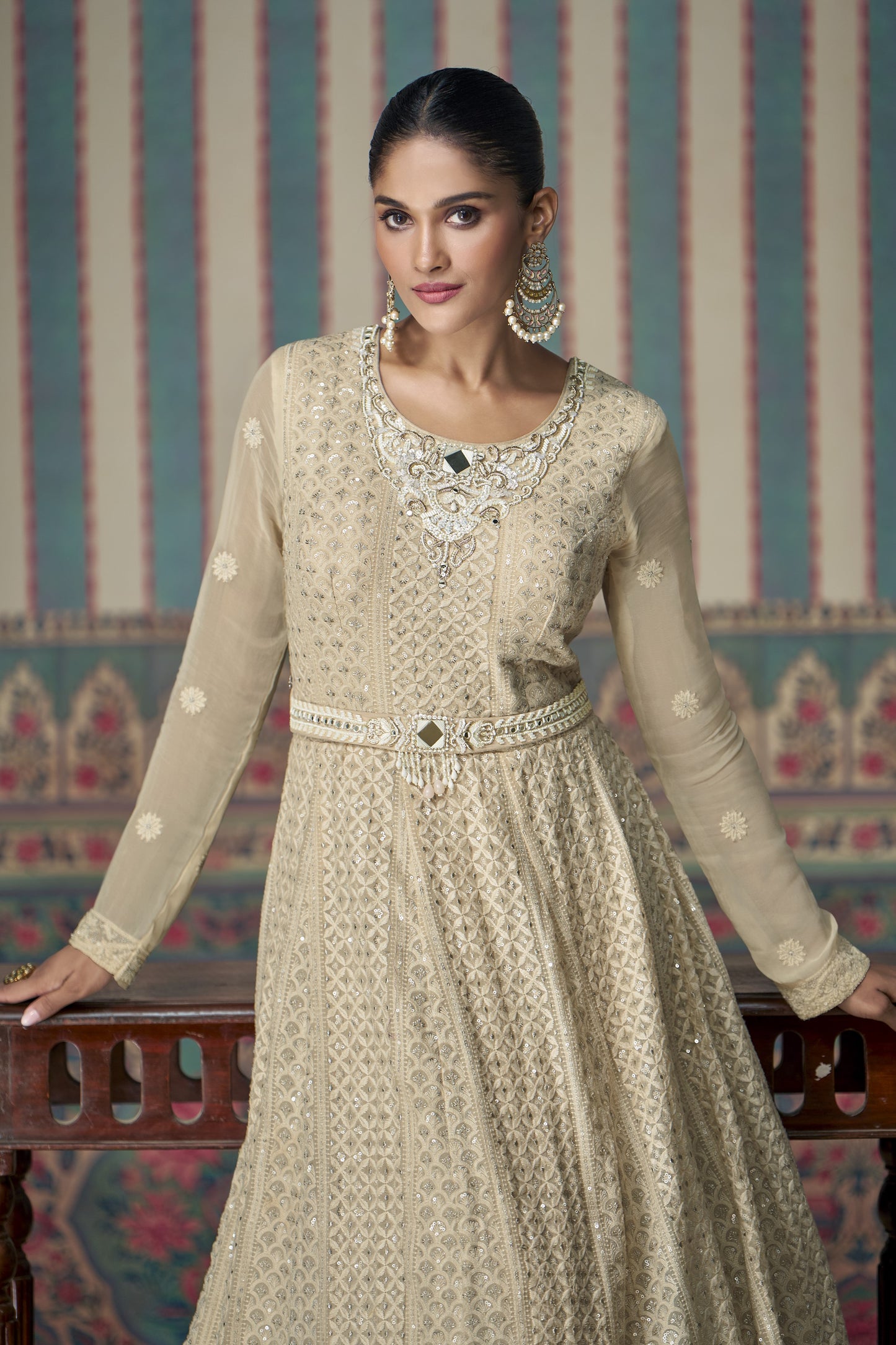 Beige Georgette Floor Full Length Anarkali Gown Suit For Indian Festivals & Pakistani Weddings - Embroidery Work