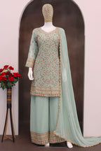 Sea Green Georgette Kameez With Palazzo Suit For Indian & Pakistani Wedding Festival - Thread & Sequence Embroidery