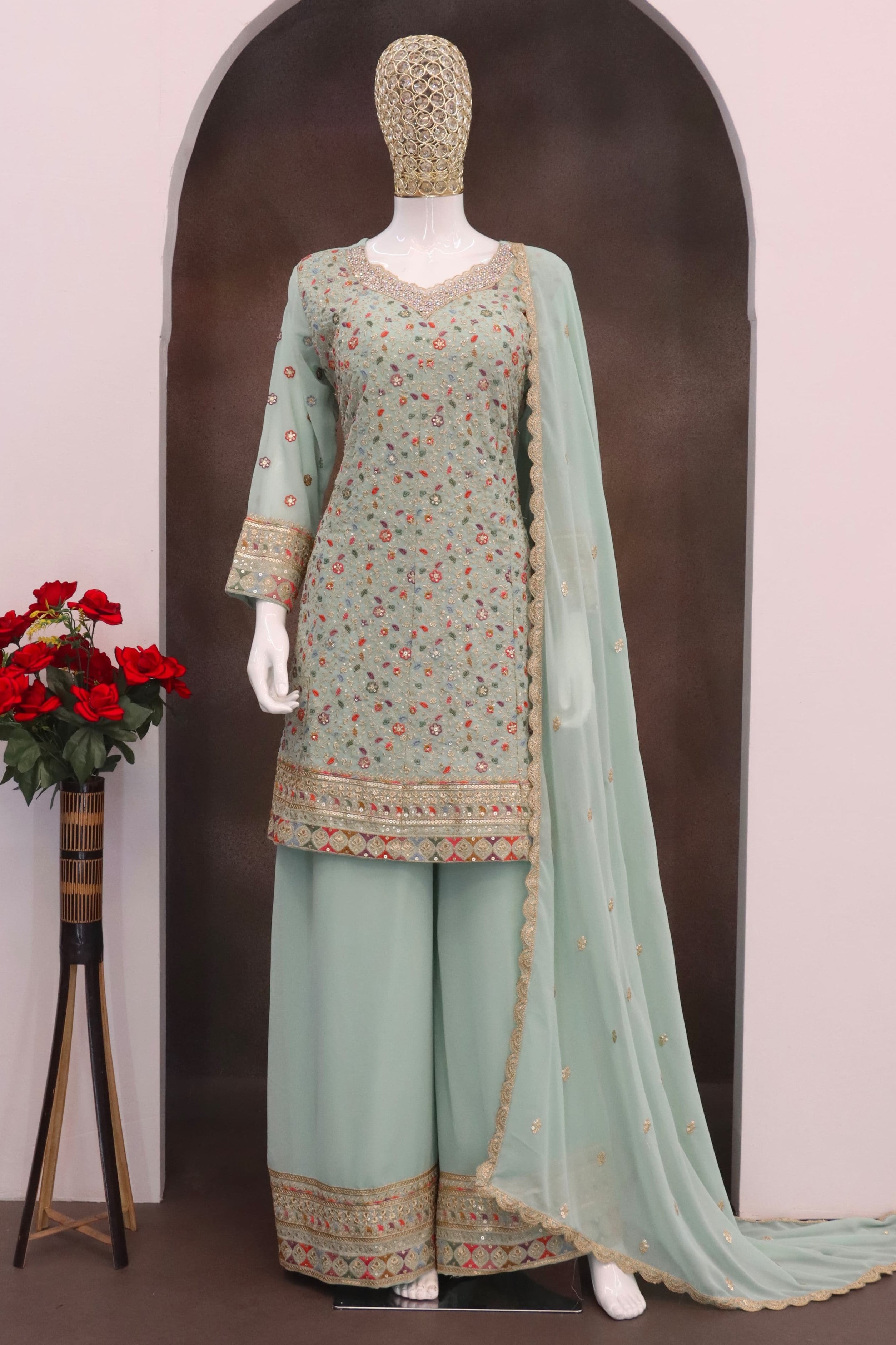 Sea Green Georgette Kameez With Palazzo Suit For Indian & Pakistani Wedding Festival - Thread & Sequence Embroidery
