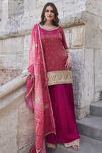 Red Simar Silk Palazzo Suit For Indian Festivals & Weddings - Embroidery Work, Print Work