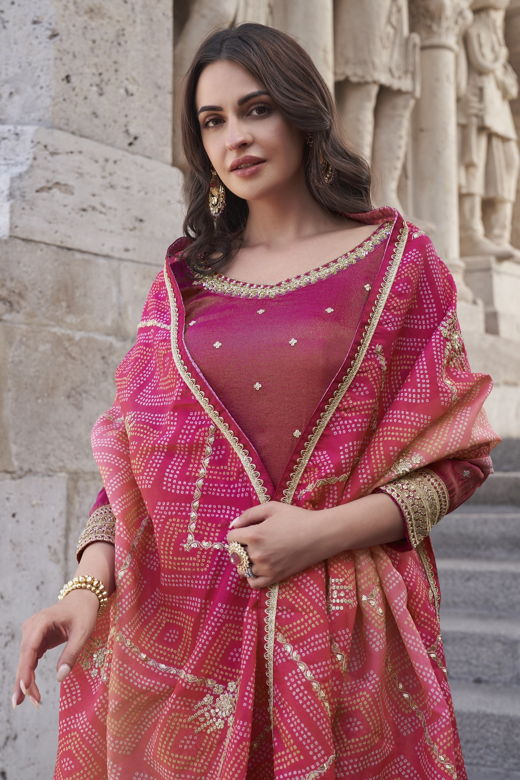 Red Simar Silk Palazzo Suit For Indian Festivals & Weddings - Embroidery Work, Print Work