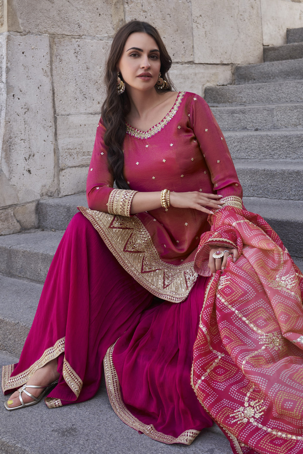 Red Simar Silk Palazzo Suit For Indian Festivals & Weddings - Embroidery Work, Print Work