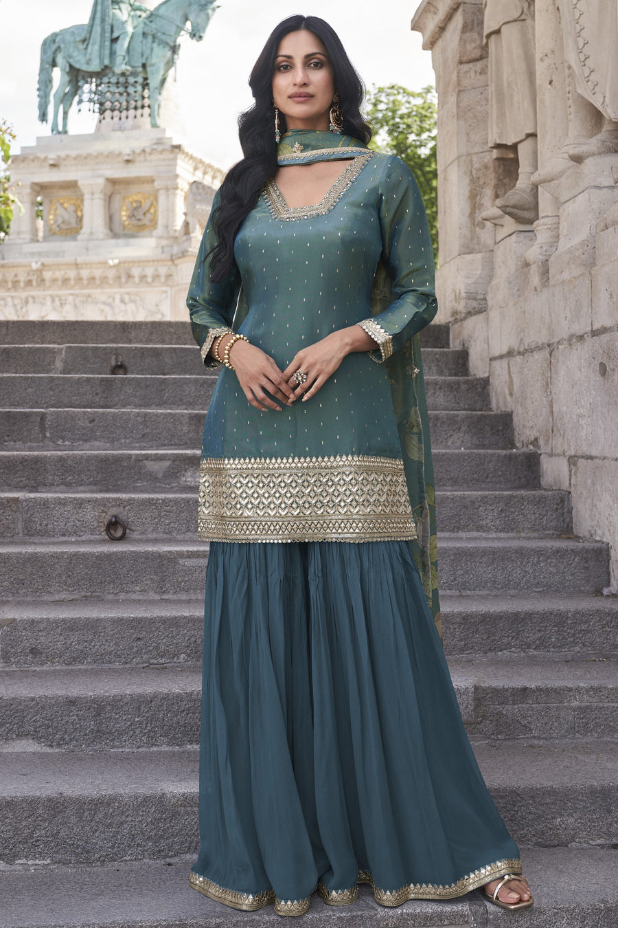 Teal Simar Silk Palazzo Suit For Indian Festivals & Weddings - Embroidery Work, Print Work