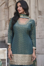 Teal Simar Silk Palazzo Suit For Indian Festivals & Weddings - Embroidery Work, Print Work