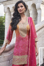 Reddish Pink Simar Silk Palazzo Suit For Indian Festivals & Weddings - Embroidery Work, Print Work