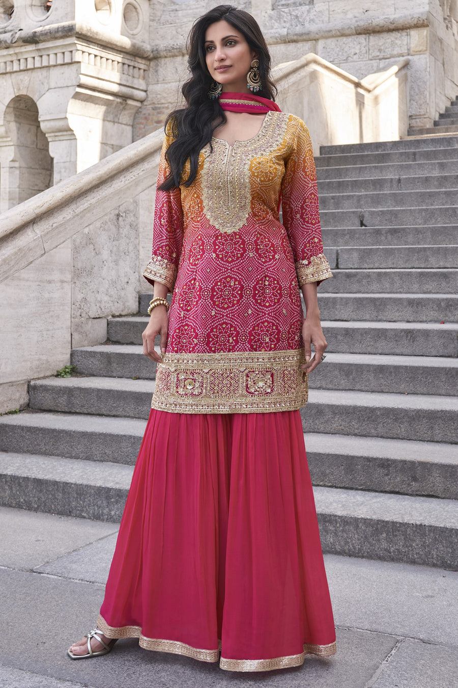 Reddish Pink Simar Silk Palazzo Suit For Indian Festivals & Weddings - Embroidery Work, Print Work