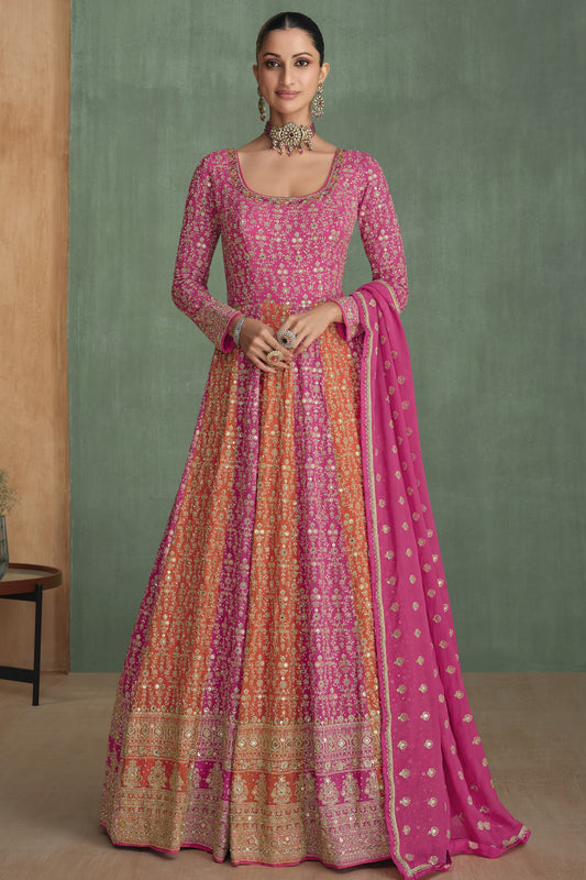 Pink Redish Georgette Floor Full Length Partywear Anarkali Gown Suit For Indian Festivals & Pakistani Weddings - Embroidery Work