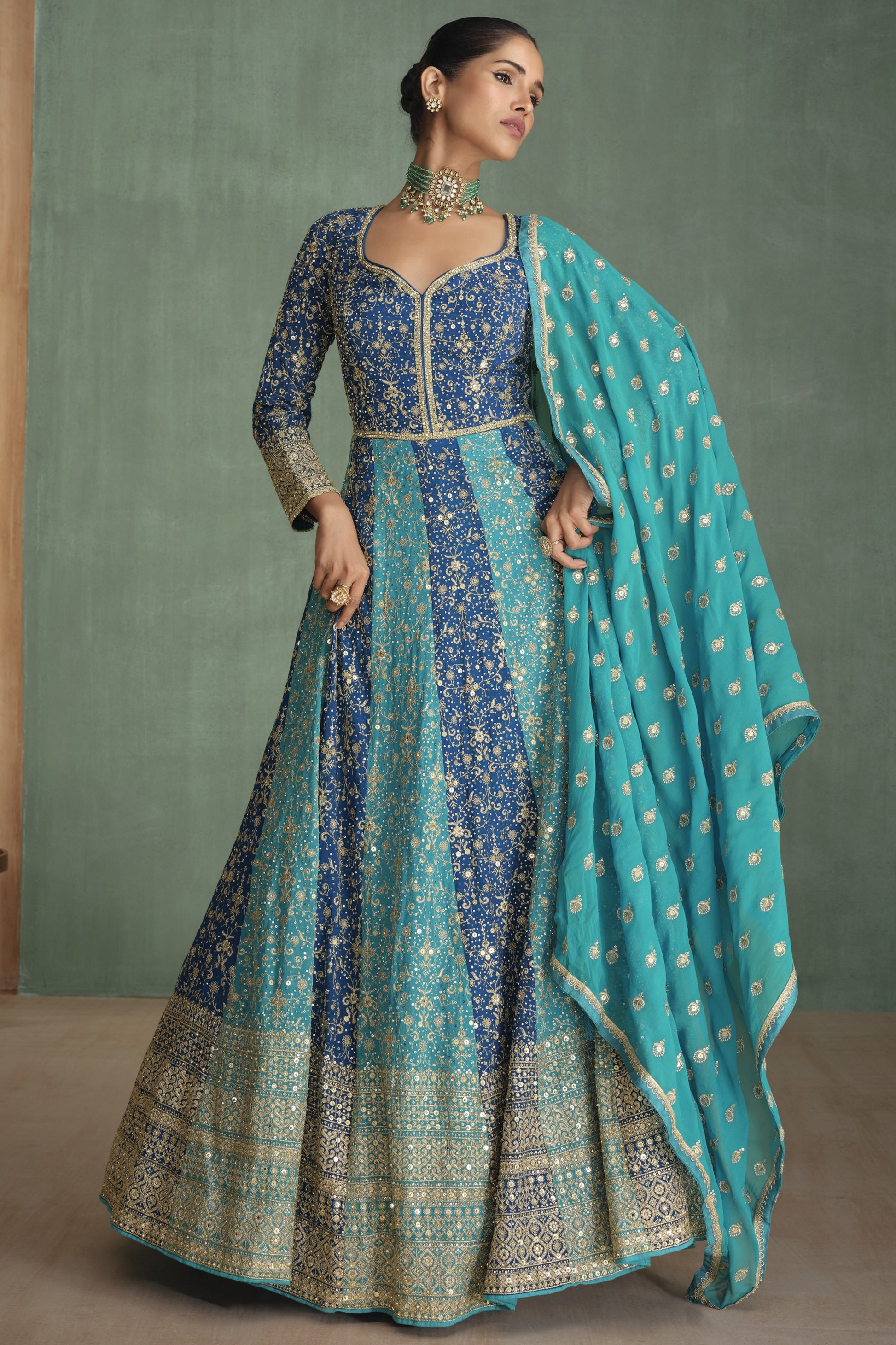 Blue Georgette Floor Full Length Partywear Anarkali Gown Suit For Indian Festivals & Pakistani Weddings - Embroidery Work