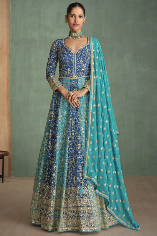 Blue Georgette Floor Full Length Partywear Anarkali Gown Suit For Indian Festivals & Pakistani Weddings - Embroidery Work