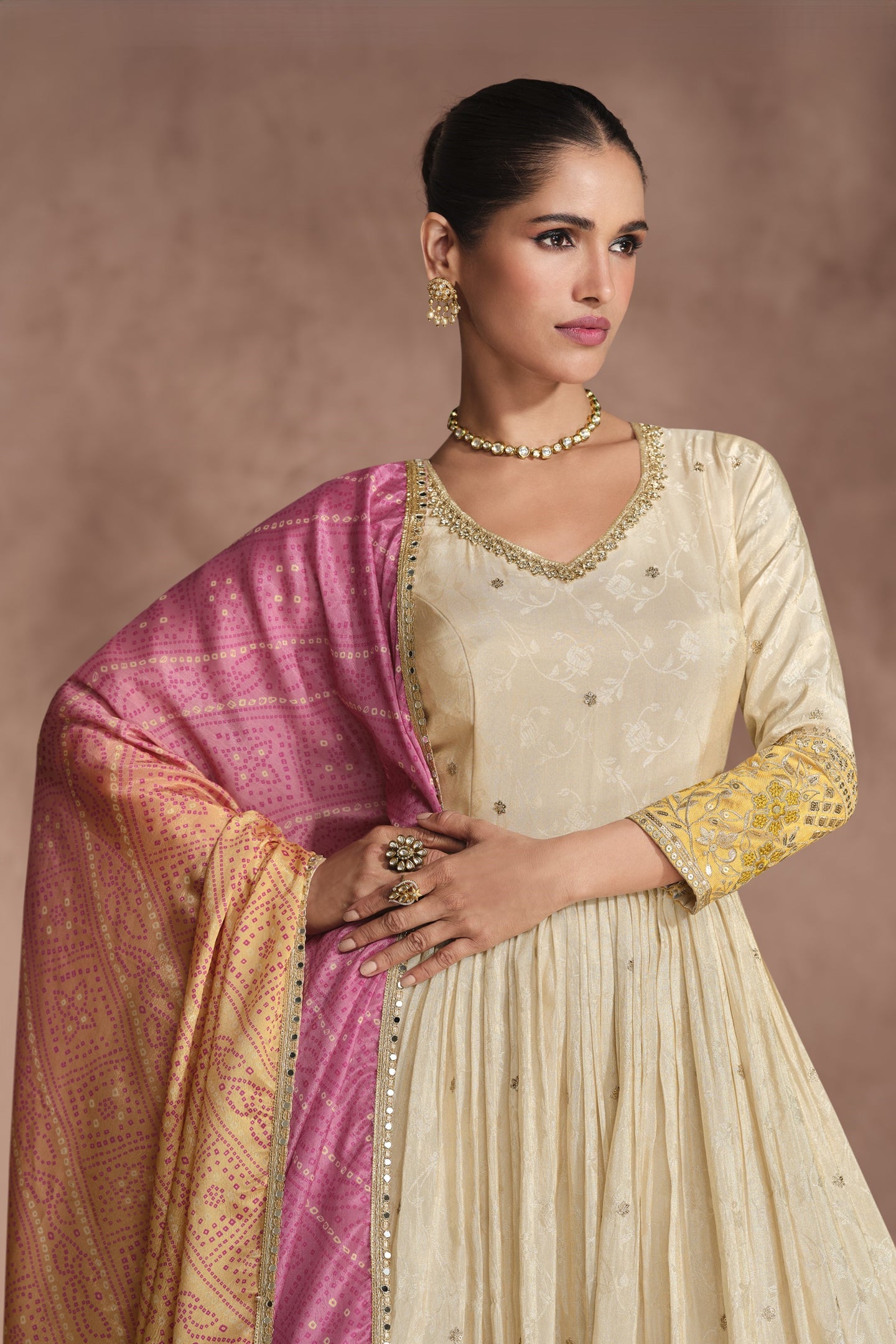 Cream Simar Jacquard Silk Full Floor Length Anarkali Gown With Bandhani Dupatta For Indian Festivals & Weddings - Embroidery Work