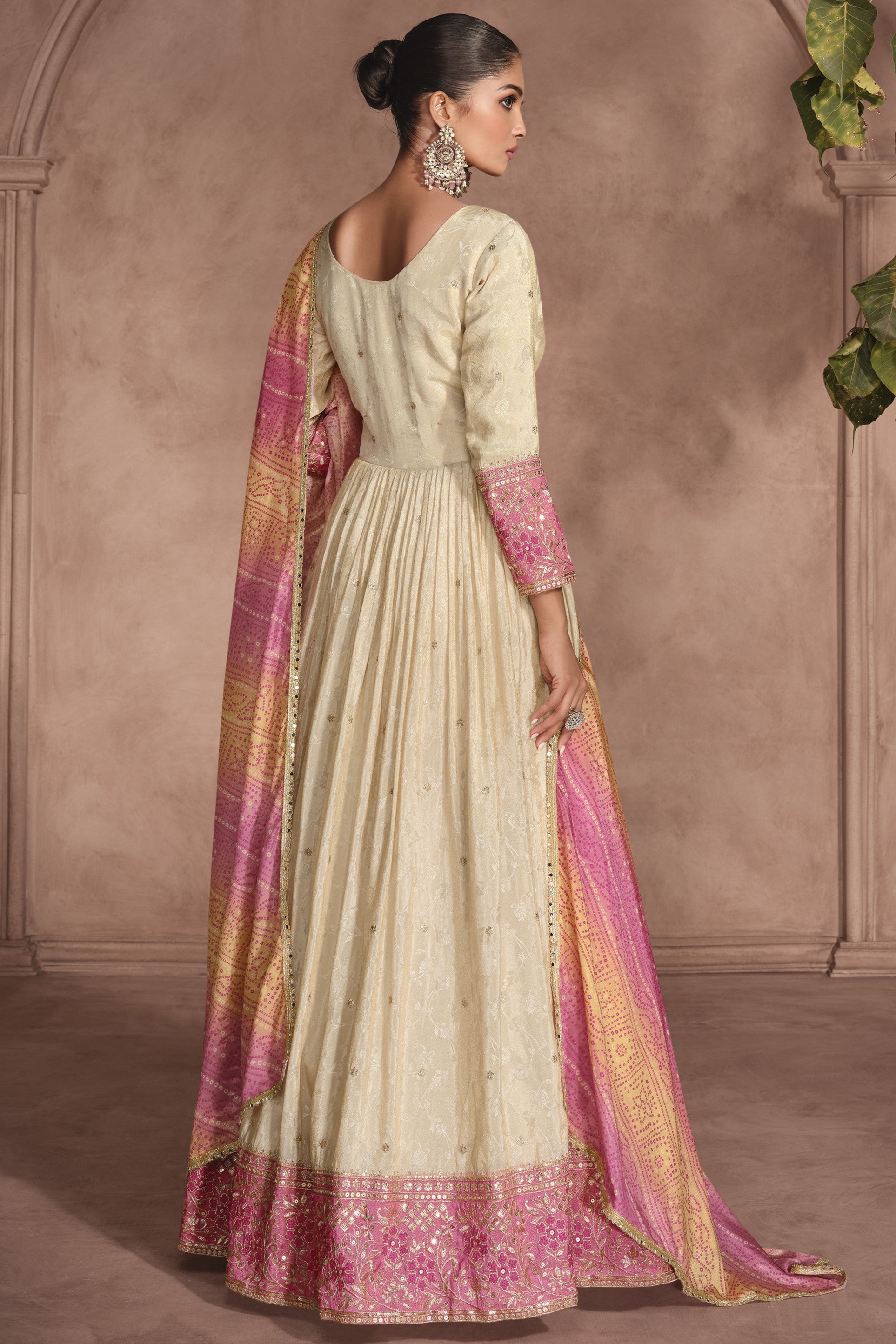 Cream Simar Jacquard Silk Full Floor Length Anarkali Gown With Bandhani Dupatta For Indian Festival & Weddings - Embroidery Work